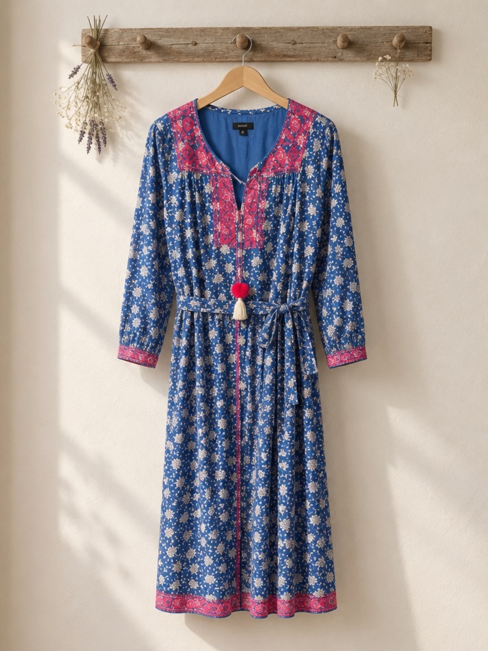 J. Crew Blue Floral Robe with Pink Embroidered Trim
